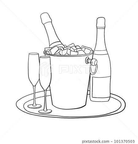 Champagne Glass and Bottle in Bucket. Two Glass of Champagne. Black lines. Champagne Glass and Bottle in Bucket. Two Glass of Champagne. Black lines. 101370503
