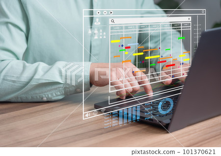Man working with technology computer in Business Analytics and Data Management System to make report with KPI and metrics connected to database. Corporate strategy for operations, planing, marketing. 101370621