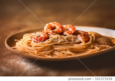 Bamboo or wooden plate of delicious shrimp pasta spaghetti on brown table background 101371038