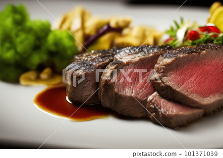 Gourmet grilled beef meat filet mignon or scotch steak chateaubrian on white plate garnished with vegetables Gourmet grilled beef meat filet mignon or scotch steak chateaubrian on white plate garnished with vegetables 101371039