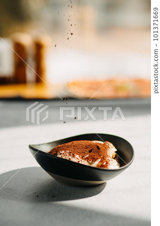 Italian dessert Panna Cotta creamy coffee with chocolate on a plate on a light gray background. Italian dessert Panna Cotta creamy coffee with chocolate on a plate on a light gray background. 101371669