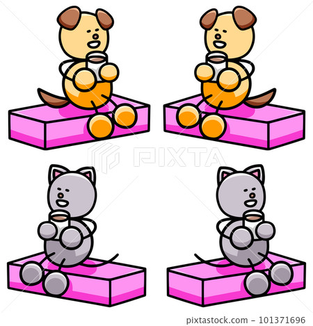 Illustration set of Wanmaru and Nyanmaru sitting and drinking a drink Dog cat Illustration set of Wanmaru and Nyanmaru sitting and drinking a drink Dog cat 101371696