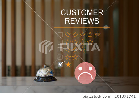 Customer Experience dissatisfied Concept, silver service bell on hotel reception desk with Sadness Emotion Face, Bad review, bad service dislike bad quality, low rating, social media not good. 101371741