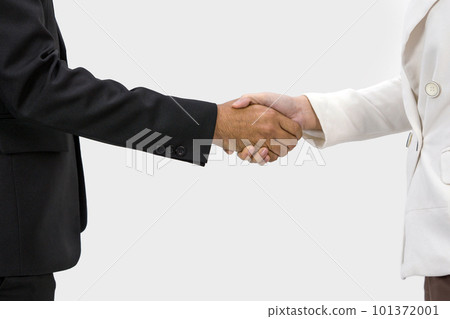 Closeup business partners in suit shaking hands, celebrating business success. Front View 101372001