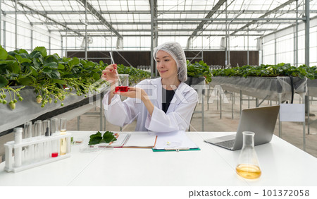 Caucasian female botanical scientist in white gown observes red chemical in beaker. The table is full of research papers, laptop computer, chemicals in test tubes and plant samples. 101372058