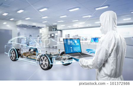 Engineer or technician work with ev car battery cells module in laboratory 101372986