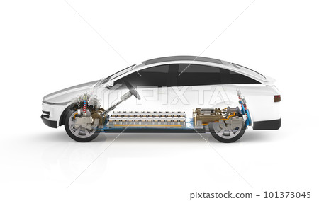 Ev car or electric vehicle with pack of battery cells on platform 101373045