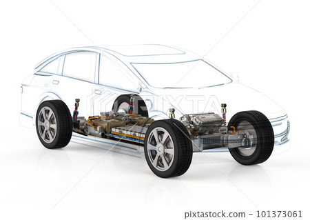 Ev car or electric vehicle with pack of battery cells on platform Ev car or electric vehicle with pack of battery cells on platform 101373061