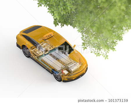 Yellow ev taxi or electric vehicle with pack of battery cells module Yellow ev taxi or electric vehicle with pack of battery cells module 101373139