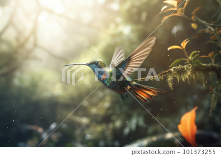 Colorful hummingbird flying in a natural garden habitat, surrounded by greenery and vibrant flowers in the wild of Costa Rica. AI Generative. Colorful hummingbird flying in a natural garden habitat, surrounded by greenery and vibrant flowers in the wild of Costa Rica. AI Generative. 101373255