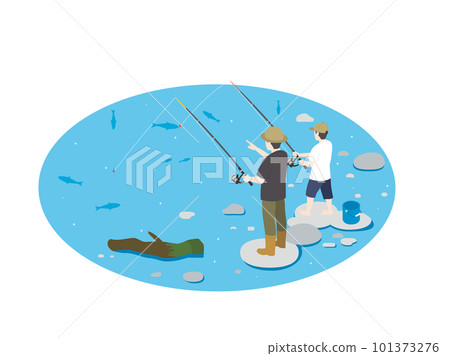 Illustration of parent and child fishing in the river isometric 101373276