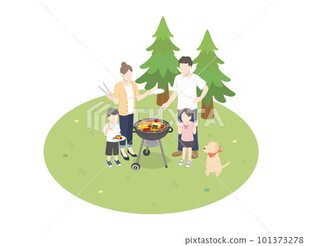 Illustration of a family having a barbecue outdoor 101373278