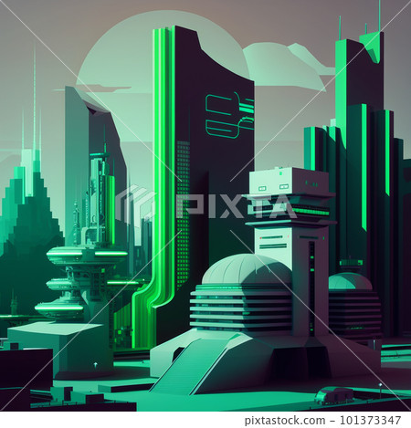 Futuristic cityscape with sleek, metallic buildings . AI Generative 101373347