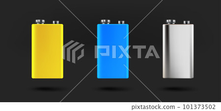 Different 9v batteries icons collection. 3d vector isolated on black background 101373502