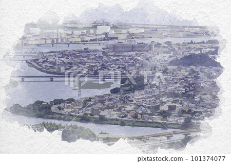 Watercolor style Iwakuni Nishiki River and Iwakuni city area Iwakuni City, Yamaguchi Prefecture Watercolor style Iwakuni Nishiki River and Iwakuni city area Iwakuni City, Yamaguchi Prefecture 101374077