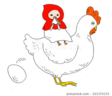 A chicken laying eggs and Little Red Riding Hood eating a sandwich 101374155
