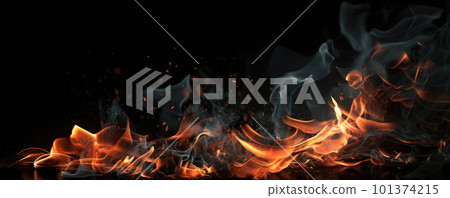 A macro close-up of a fiery flame with sparks and smoke against a black background, creating an abstract pattern. AI Generative A macro close-up of a fiery flame with sparks and smoke against a black background, creating an abstract pattern. AI Generative 101374215