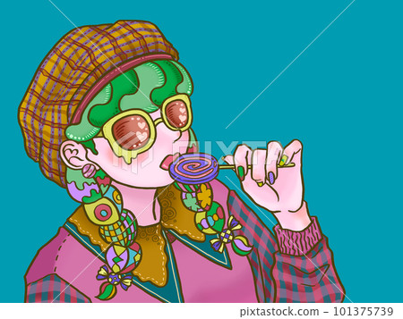 Girl with glasses eating candy, light blue background, left aligned 101375739