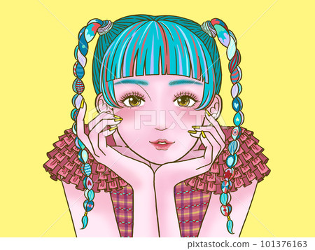 A girl smiling with a cane on her cheek yellow background A girl smiling with a cane on her cheek yellow background 101376163