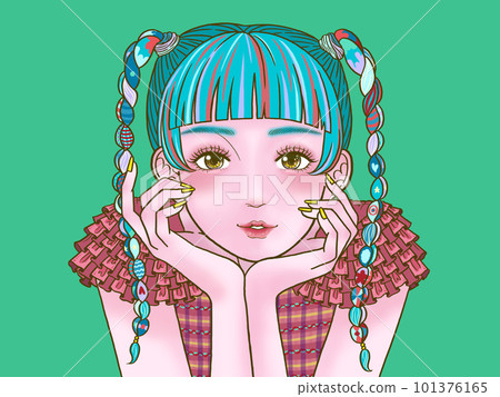 Smiling girl with a cane on her cheek Green background Smiling girl with a cane on her cheek Green background 101376165