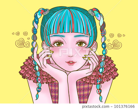 Smiling girl with a cane on her cheek yellow background heart 101376166