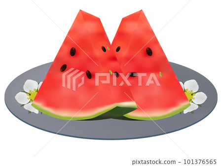 "Red small ball watermelon cut into triangles" served on a plate Two slices Gray plate Floral pattern 101376565