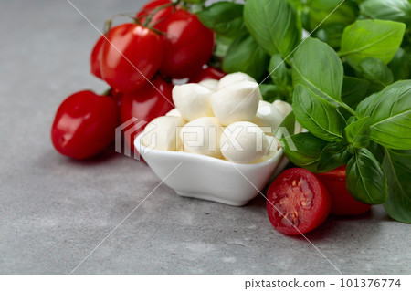 Mozzarella cheese with basil and tomatoes on an old stone table. 101376774
