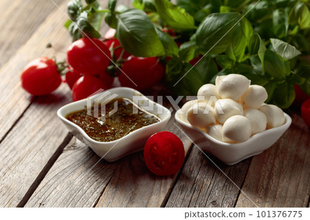 Mozzarella cheese with basil, pesto sauce, and tomatoes. 101376775