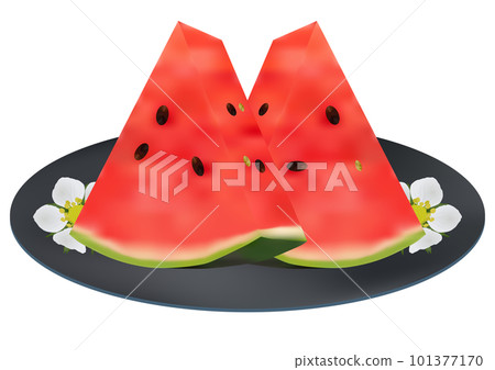 "Red small ball watermelon cut into triangles" served on a plate Two slices Blue plate Floral pattern 101377170