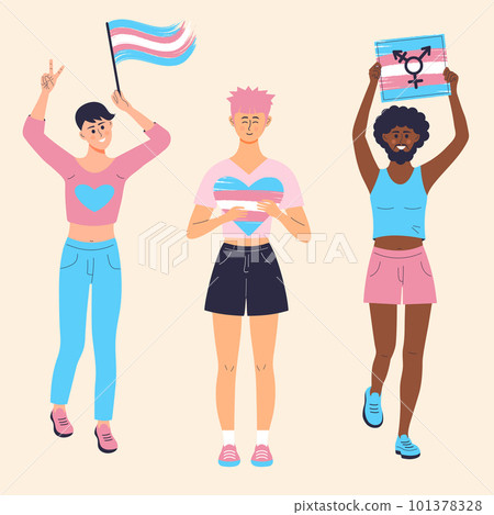 Transgender people with rainbow flag, banner and heart.  101378328