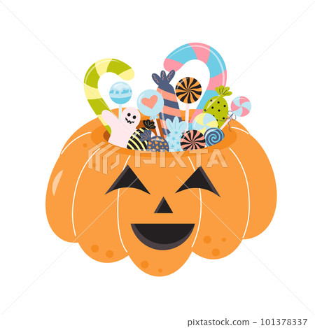 Halloween pumpkin basket full of candies and sweets.  101378337