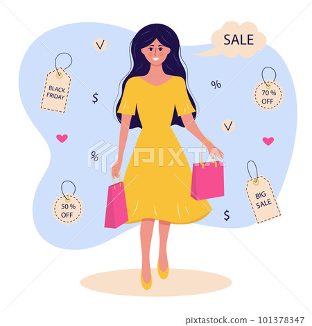 Young happy girl holding packages after shopping.  101378347