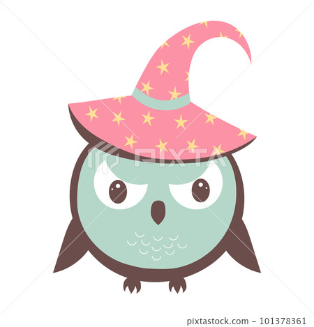 Cute funny dissatisfied owl in a halloween hat. Forest bird cartoon character. Cute funny dissatisfied owl in a halloween hat. Forest bird cartoon character. 101378361