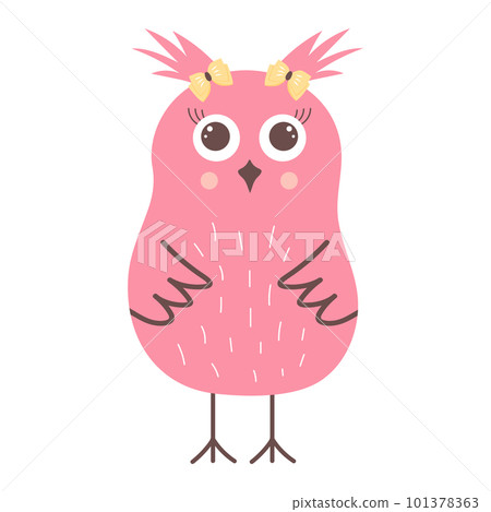 Cute funny pink owl with bows. Forest bird cartoon character. 101378363
