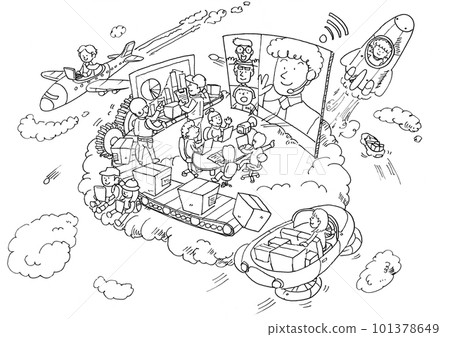 An image illustration (line drawing) that promotes a town that is easy to work and live by promoting DX An image illustration (line drawing) that promotes a town that is easy to work and live by promoting DX 101378649