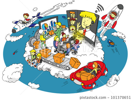 Image illustration (white background and sky) that promotes a town that is easy to work and live by promoting DX 101378651