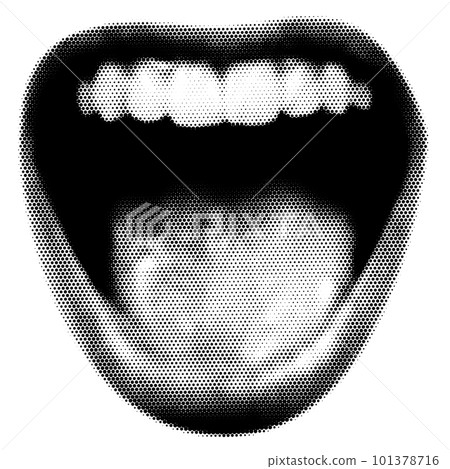 Halftone open mouth in scream. Collage design lips in trendy magazine style. Vector illustration with vintage grunge punk cutout element. 101378716