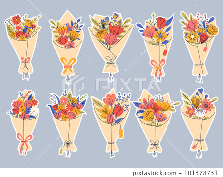 Sticker pack of floral elements. Romantic flower collection with bouquet of flowers. Good for greeting cards or invitation design, floral poster. 101378731