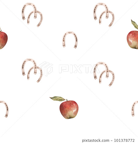 Watercolor seamless pattern with illustration of horseshoes and red apples 101378772