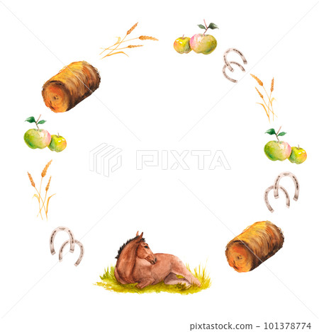 Watercolor illustration of wreath with a horse foal lying in the green grass, apples, haystack, horseshoes Watercolor illustration of wreath with a horse foal lying in the green grass, apples, haystack, horseshoes 101378774