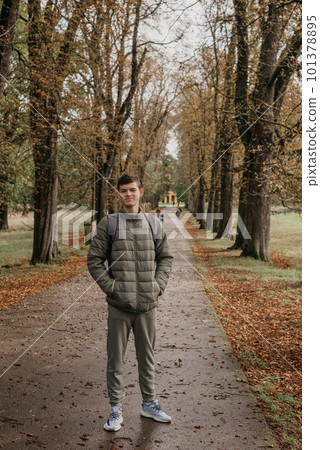 a guy in a jacket stands on an alley in the park during the fall season. Portrait oh handsome teen guy, young man in hoodie, down jacket standing, walking in beautiful golden autumn park, looking at a guy in a jacket stands on an alley in the park during the fall season. Portrait oh handsome teen guy, young man in hoodie, down jacket standing, walking in beautiful golden autumn park, looking at 101378895