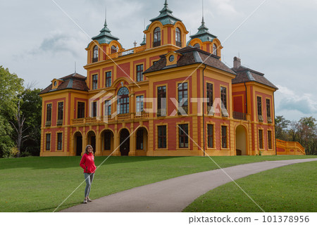 Beautiful Girl Posing Near Favorite Palace At Ludwigsburg, Germany. Favorite Castle Is The Oldest German Porcelain Castle Near The Village Of Forch Near Rastatt. Schloss Favorite, Baden-Wuerttemberg. 101378956