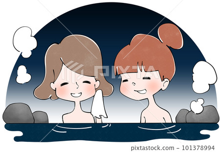 A woman taking an open-air bath at night A woman taking an open-air bath at night 101378994