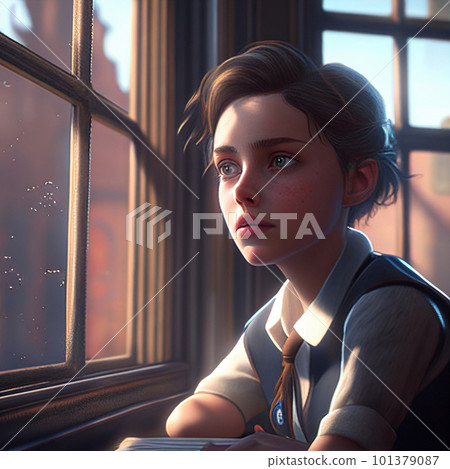 High school girl looking out the window AI image High school girl looking out the window AI image 101379087