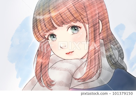 Line drawing color illustration of a girl wearing a muffler Background = Yes Snow = No Eyes = Indigo Line drawing color illustration of a girl wearing a muffler Background = Yes Snow = No Eyes = Indigo 101379150