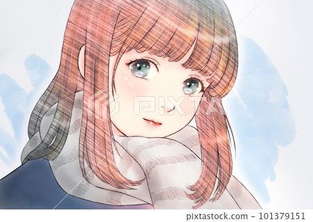 Line drawing color illustration of a girl wearing a muffler Background = Yes Snow = No Eyes = Indigo Horizontally reversed version Line drawing color illustration of a girl wearing a muffler Background = Yes Snow = No Eyes = Indigo Horizontally reversed version 101379151