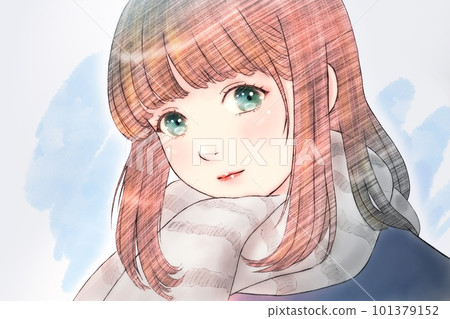 戴圍巾的女孩的線描彩色插圖背景 = 是雪 = 沒有眼睛 = 綠色水平反轉版本 戴圍巾的女孩的線描彩色插圖背景 = 是雪 = 沒有眼睛 = 綠色水平反轉版本 101379152