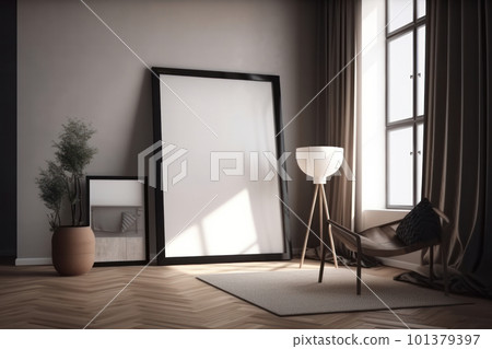 A minimalist living room with a black empty wall mockup, a white sofa, and a picture frame. Cozy and comfortable ambiance with a scandinavian style rug. Is AI Generative. A minimalist living room with a black empty wall mockup, a white sofa, and a picture frame. Cozy and comfortable ambiance with a scandinavian style rug. Is AI Generative. 101379397