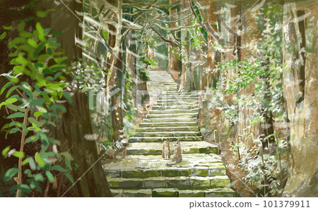 A cat looking up at the sunlight filtering through the trees on the stone pavement of the mountain path A cat looking up at the sunlight filtering through the trees on the stone pavement of the mountain path 101379911