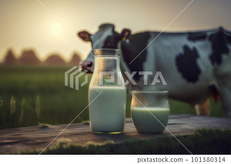 A spring day on an organic farm. A glass jug of milk and a jar of yogurt on a wooden table. A cow grazes in the pasture nearby. Healthy and fresh. Is AI Generative. 101380314